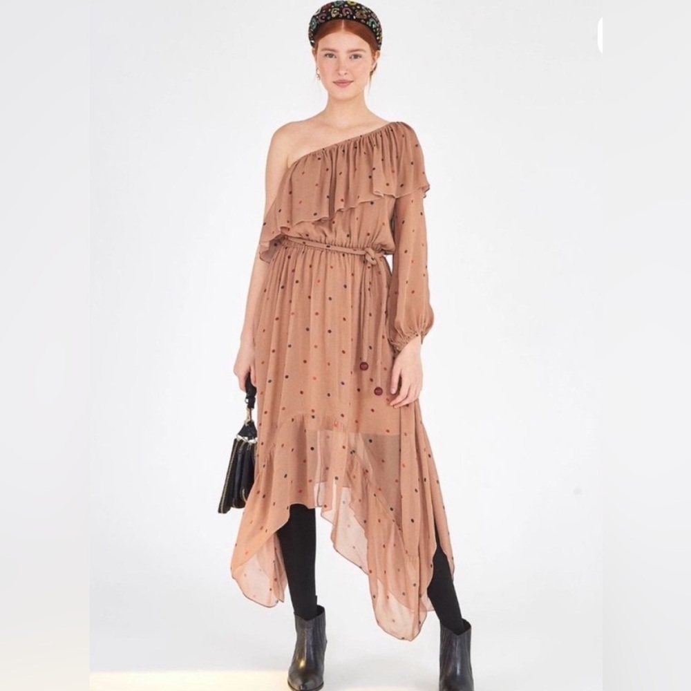 FARM Rio One Sleeve Polka Dot Brown Dress Size XL
